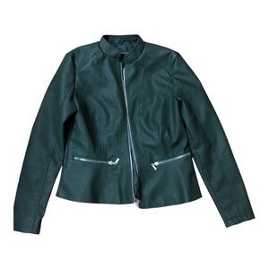 Green peplum fitted faux leather zip up‎ moto biker jacket size small brand new